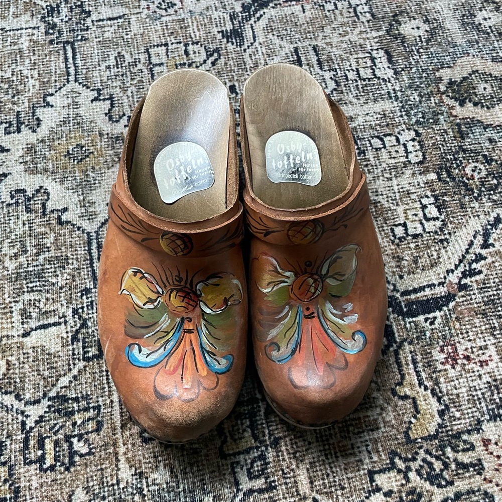 Vintage Swedish Osby Leather Clogs with Hand Painted Leather